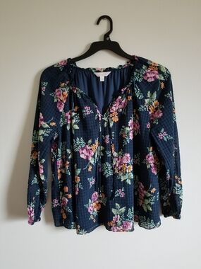 LC Lauren Conrad Navy Floral Tie-Neck Peasant Top Size L